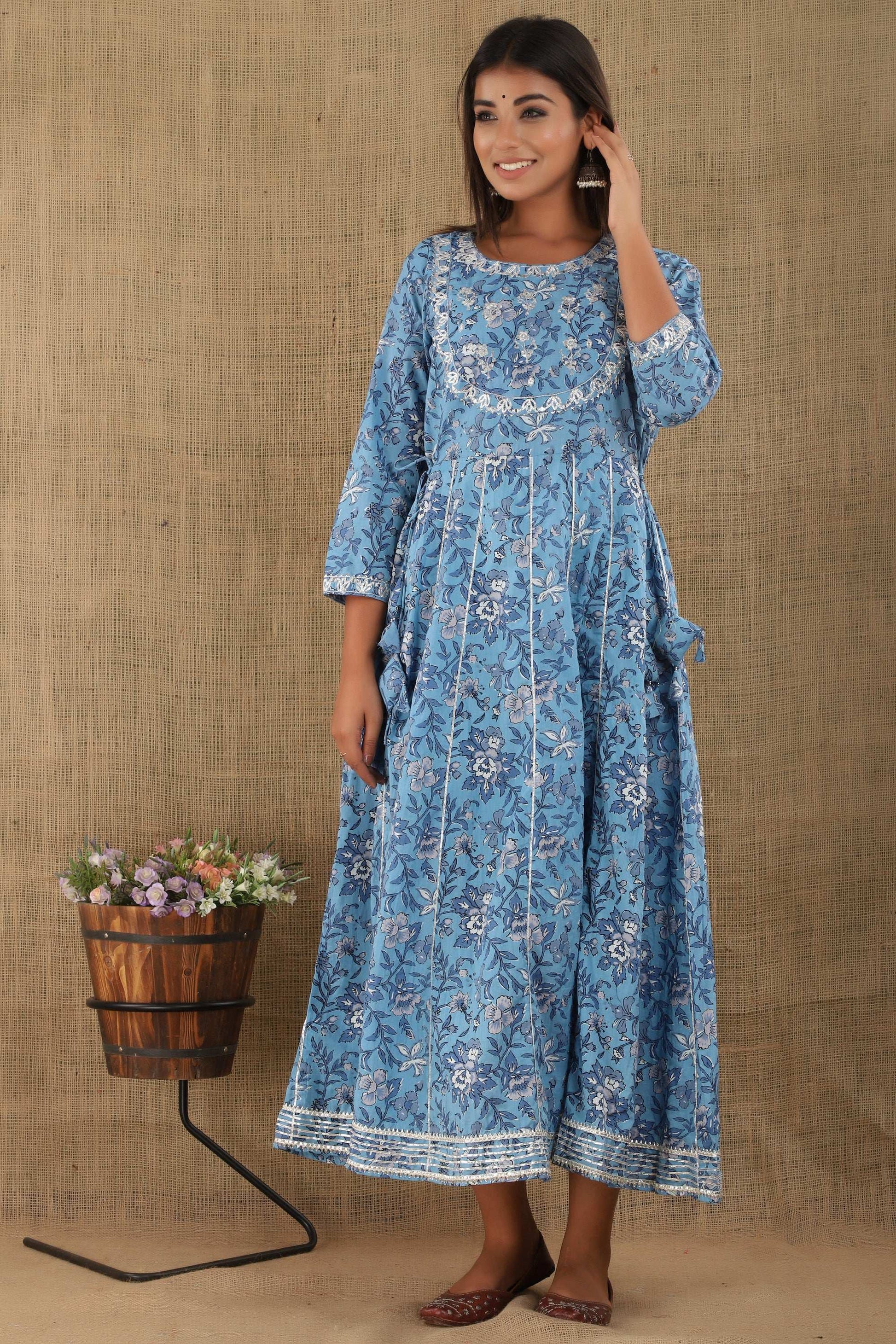 Kaajh Women's Blue Floral Print Embroidery Anarkali Kurta