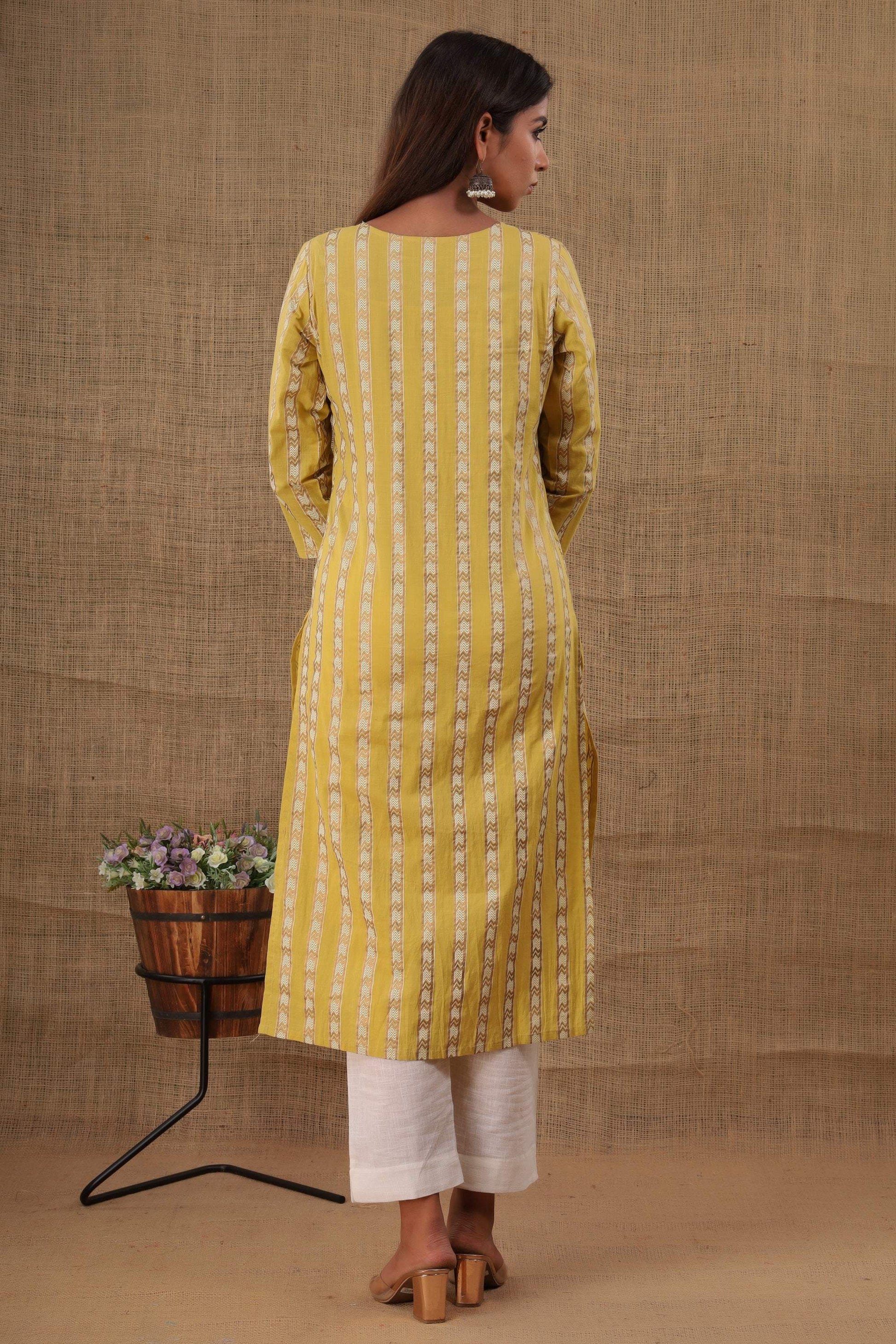 Kaajh Women's Yellow Mirror Embroidery Kurta Pant Set