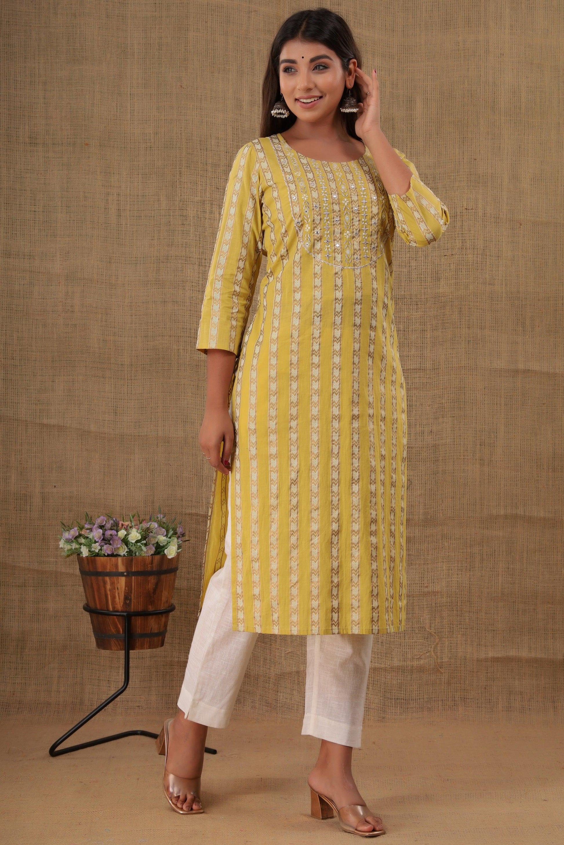 Kaajh Women's Yellow Mirror Embroidery Kurta Pant Set