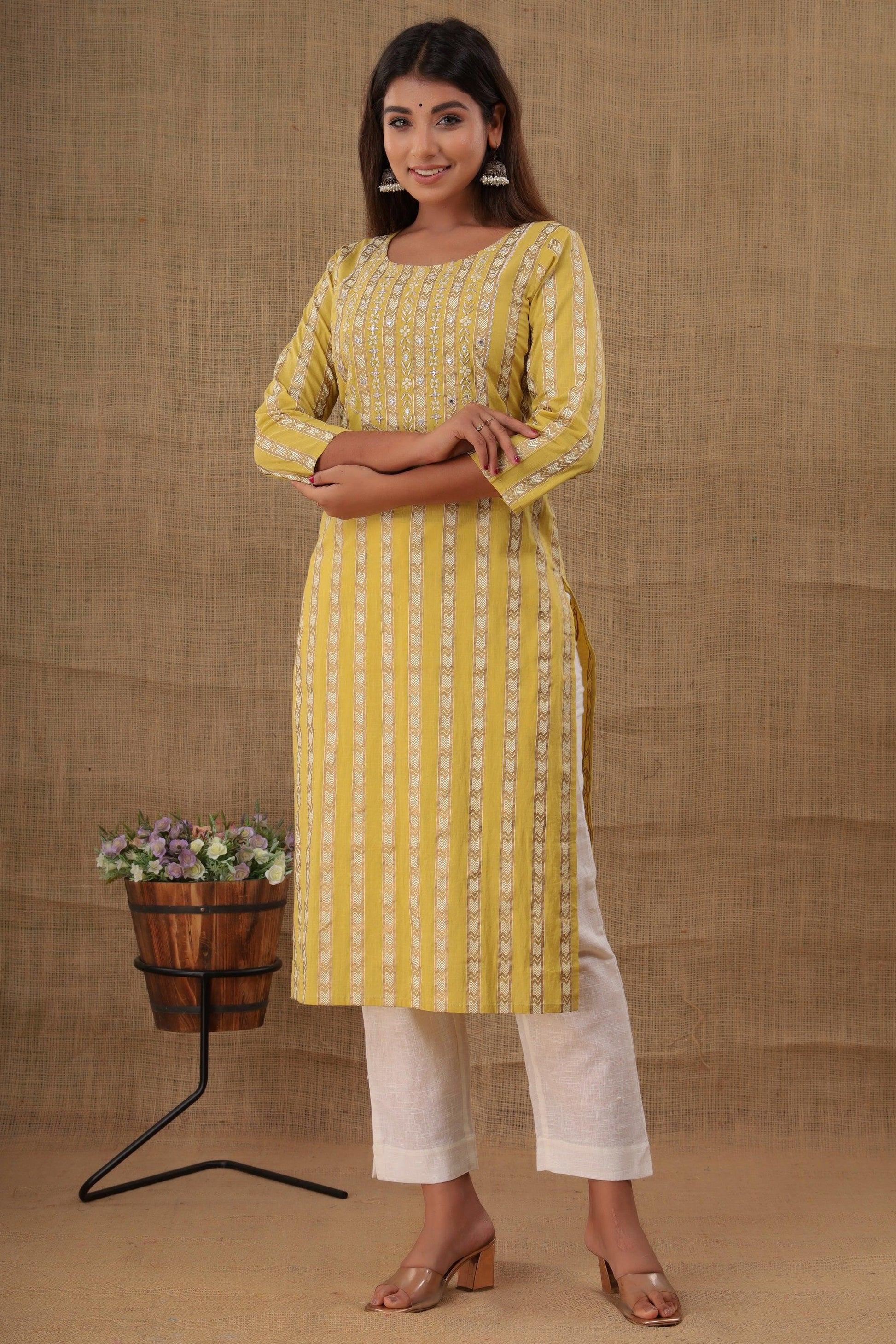 Kaajh Women's Yellow Mirror Embroidery Kurta Pant Set