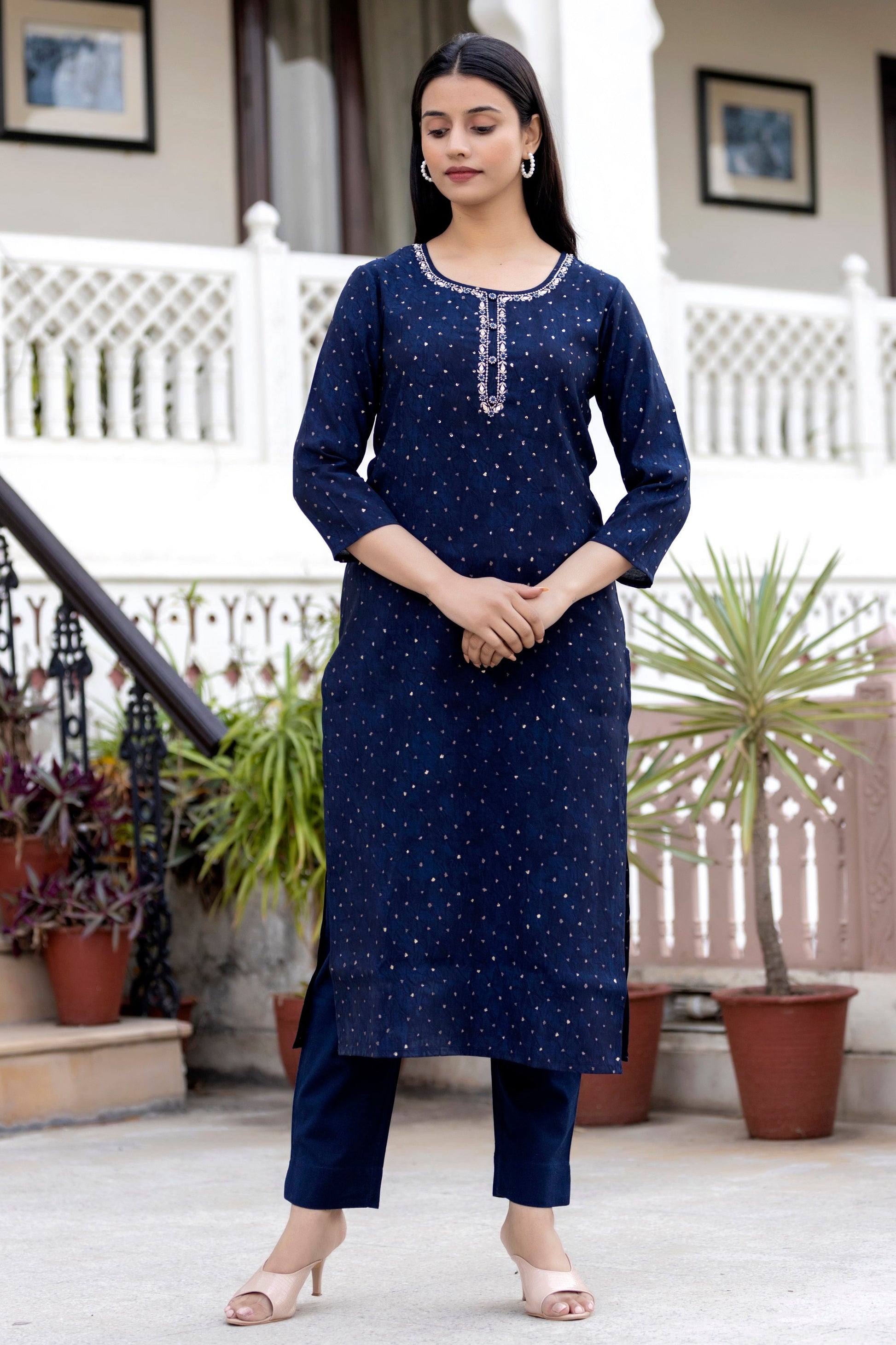 Kaajh Women's Blue Gold Printed Modal Silk Kurta Pant Set