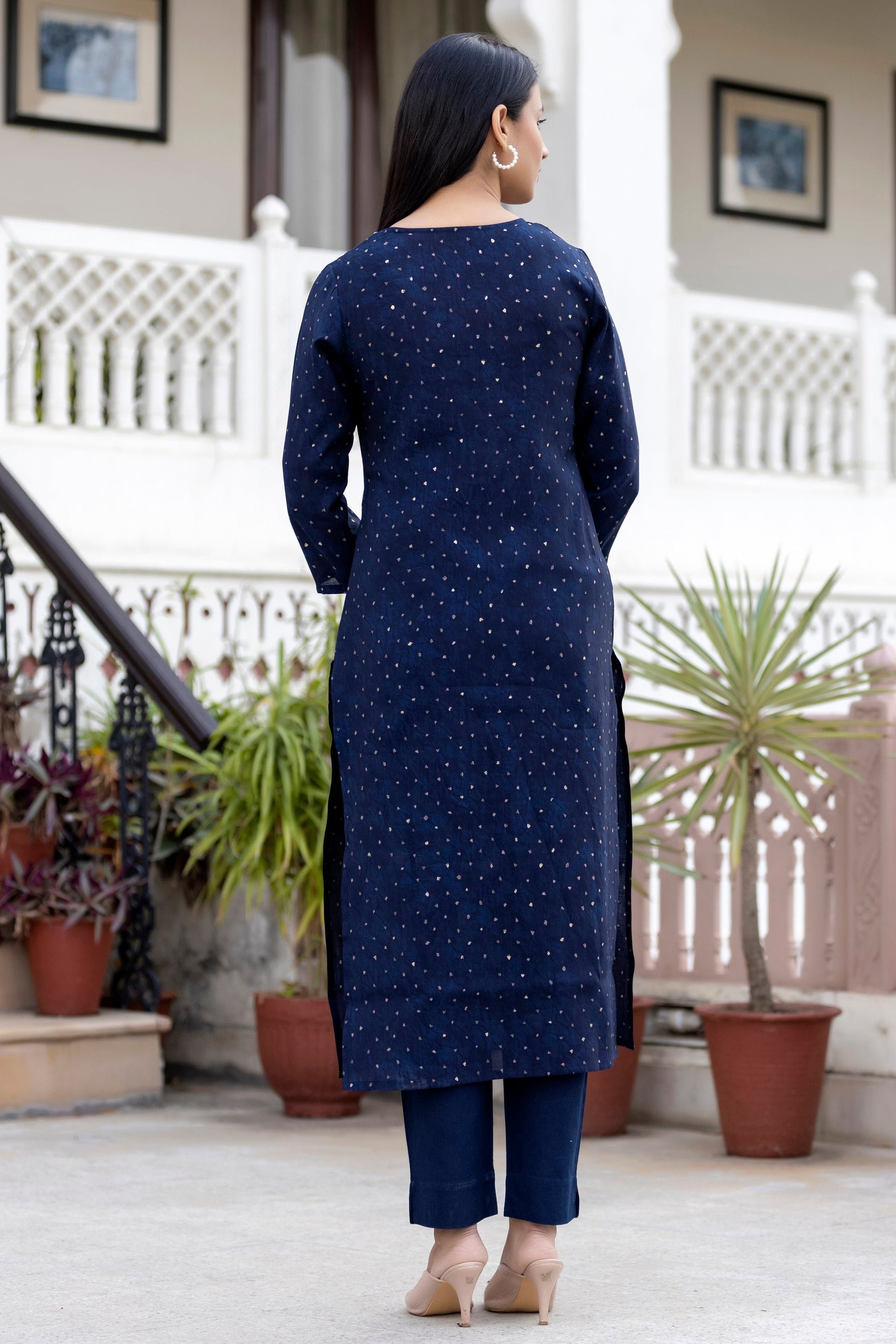 Kaajh Women's Blue Gold Printed Modal Silk Kurta Pant Set