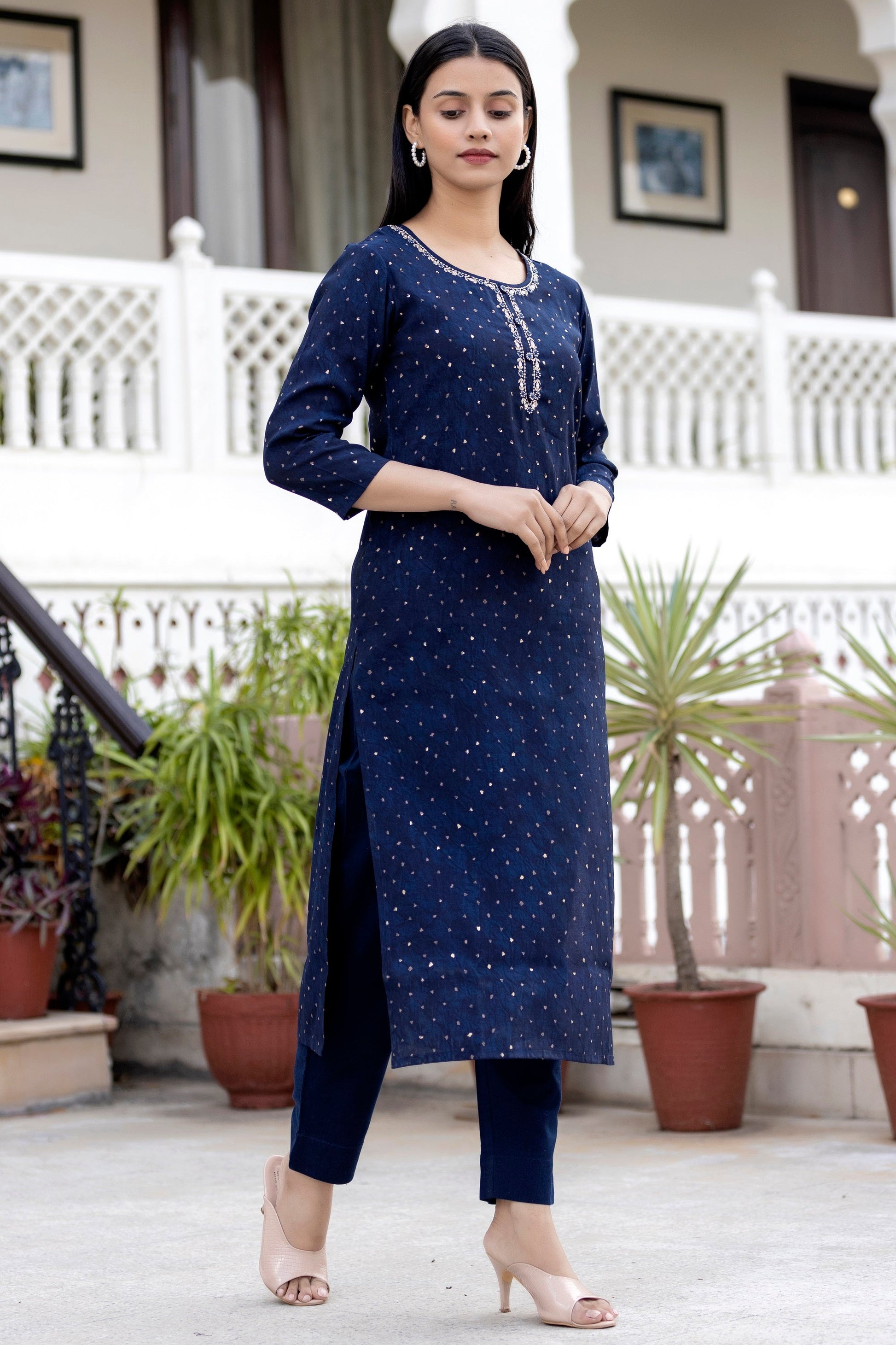 Kaajh Women's Blue Gold Printed Modal Silk Kurta Pant Set