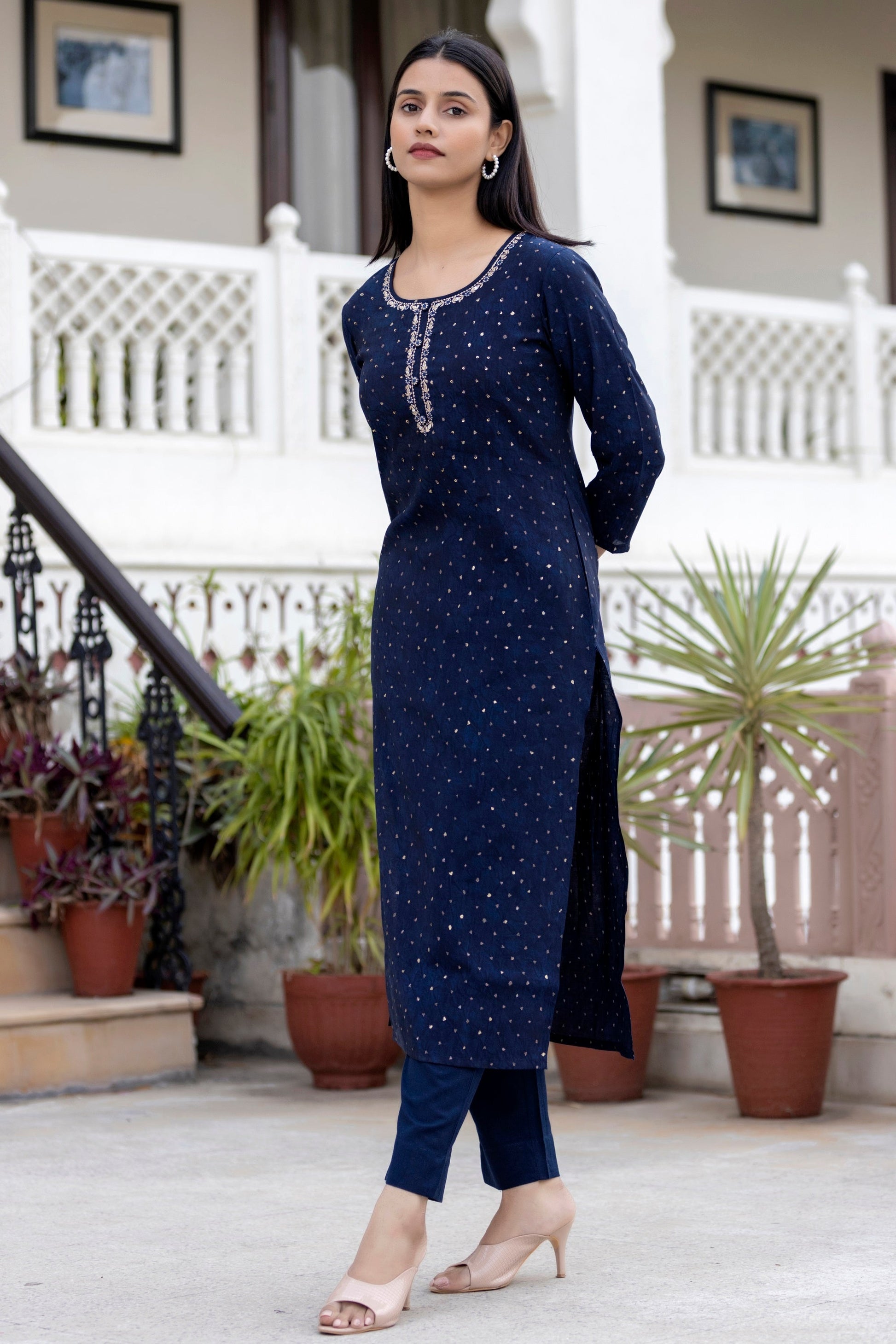 Kaajh Women's Blue Gold Printed Modal Silk Kurta Pant Set