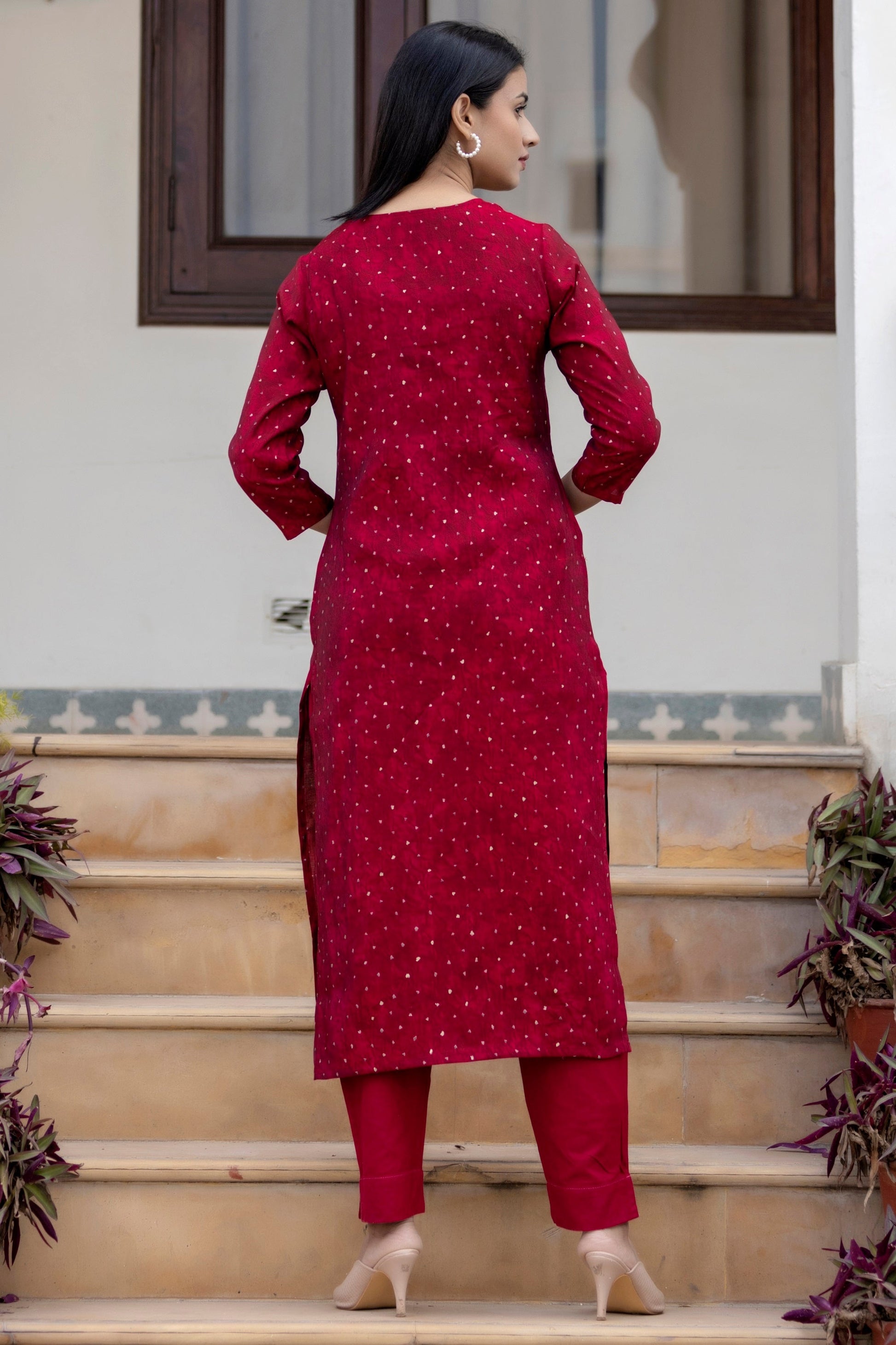 Kaajh Women's Maroon Gold Printed Modal Silk Kurta Pant Set