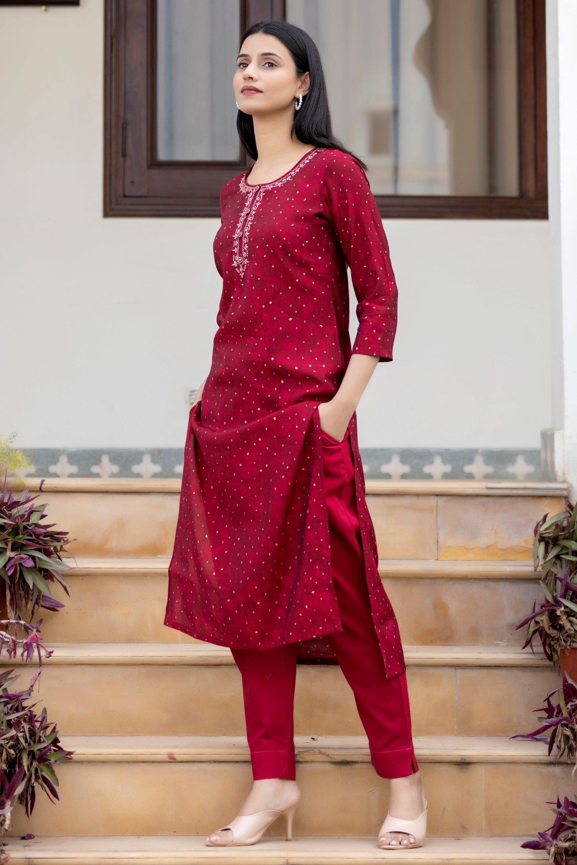 Kaajh Women's Maroon Gold Printed Modal Silk Kurta Pant Set