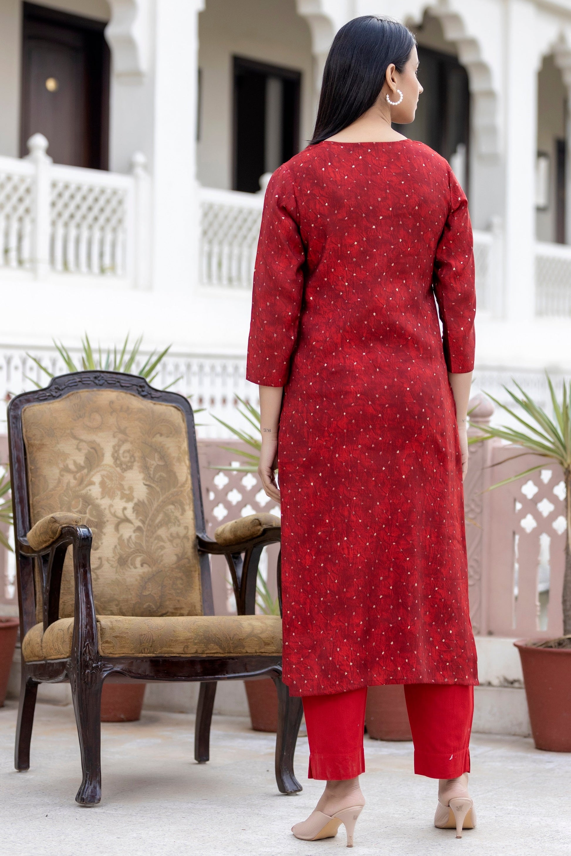 Kaajh Women's Red Gold Printed Modal Silk Kurta Pant Set