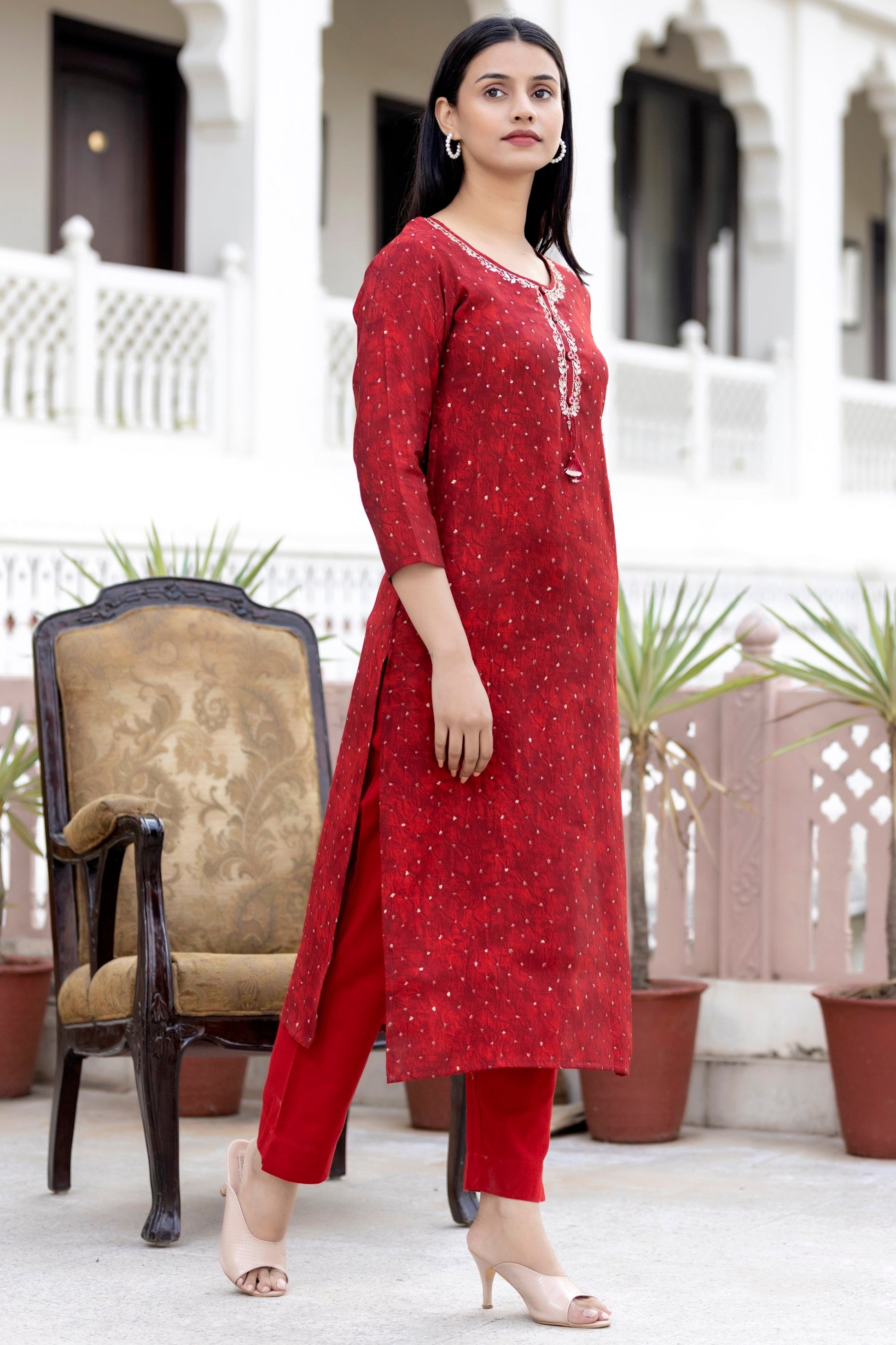 Kaajh Women's Red Gold Printed Modal Silk Kurta Pant Set