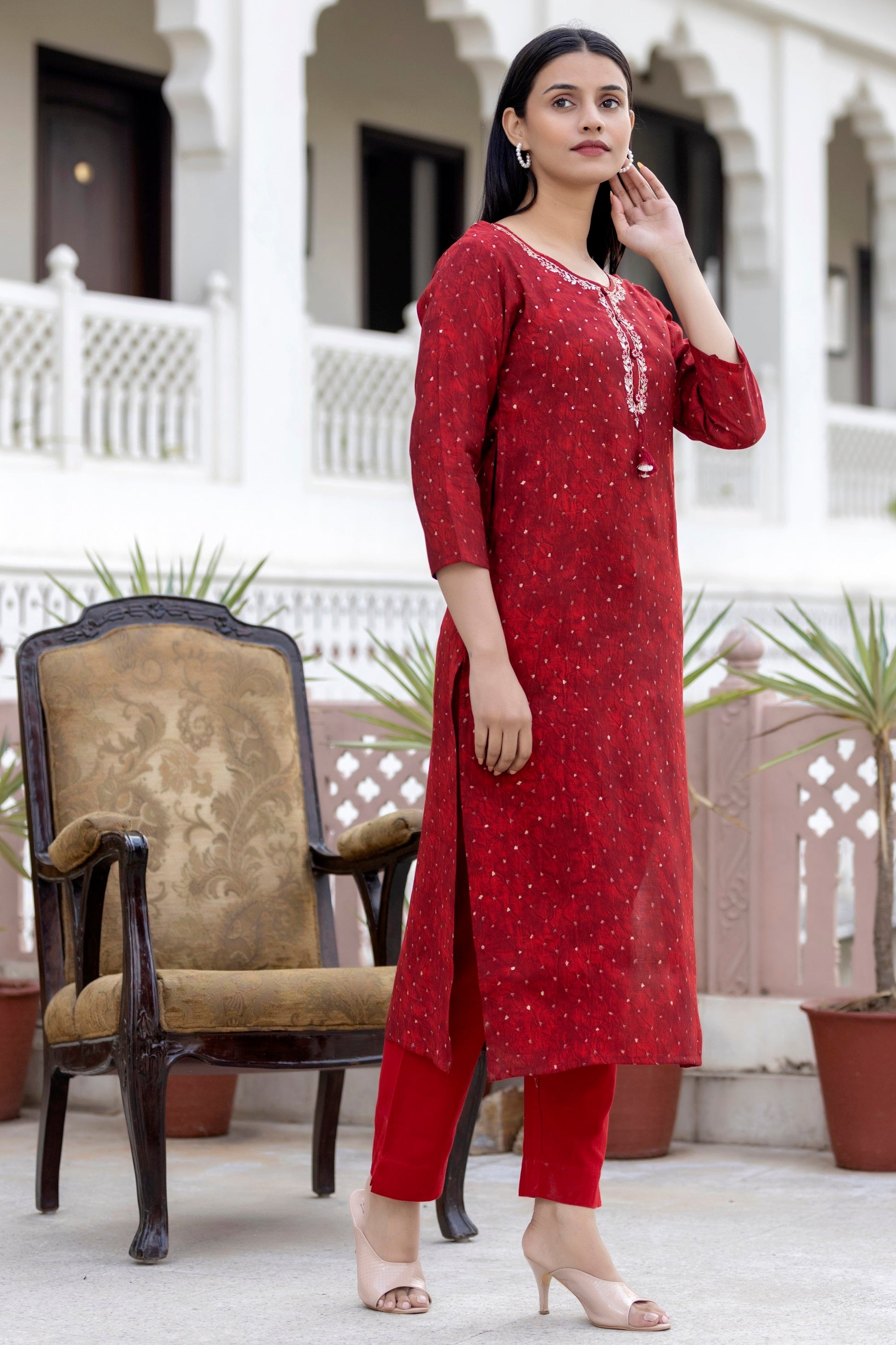 Kaajh Women's Red Gold Printed Modal Silk Kurta Pant Set