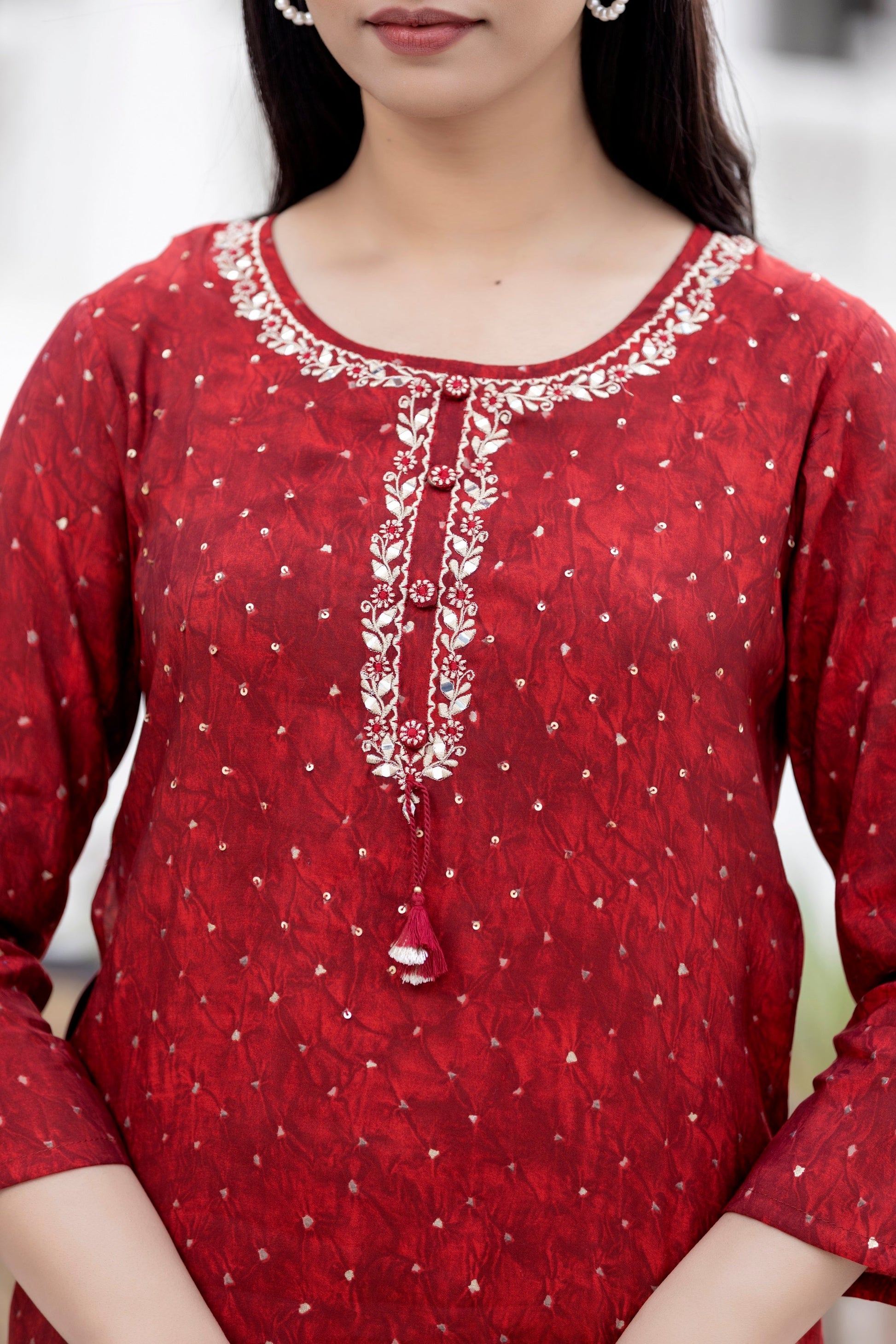 Kaajh Women's Red Gold Printed Modal Silk Kurta Pant Set