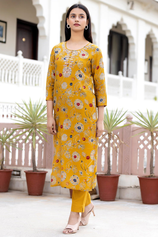 Kaajh Women's Yellow Floral Printed Modal Silk Kurta Pant Set