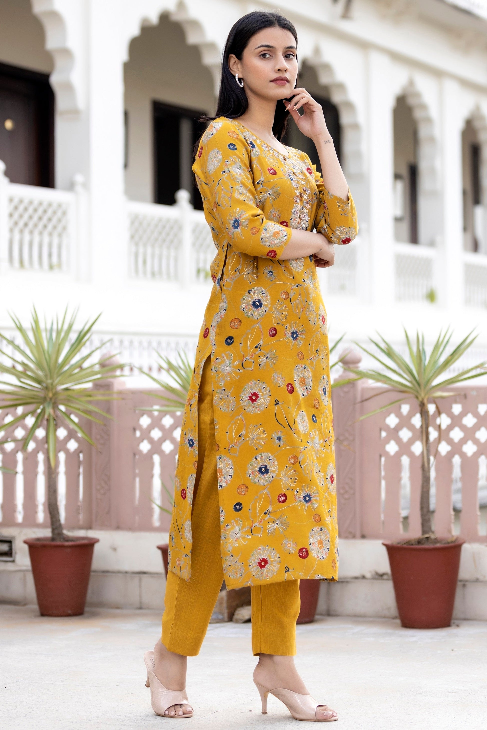 Kaajh Women's Yellow Floral Printed Modal Silk Kurta Pant Set