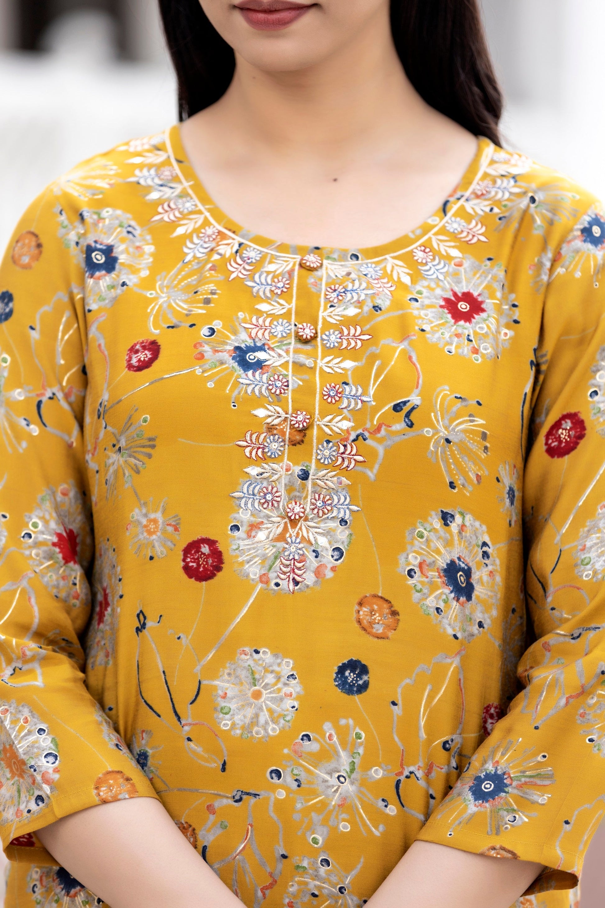 Kaajh Women's Yellow Floral Printed Modal Silk Kurta Pant Set