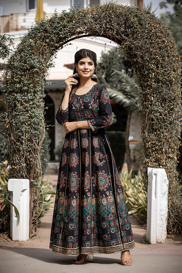 Kaajh Women's Black Gold Printed Ethnic Gown