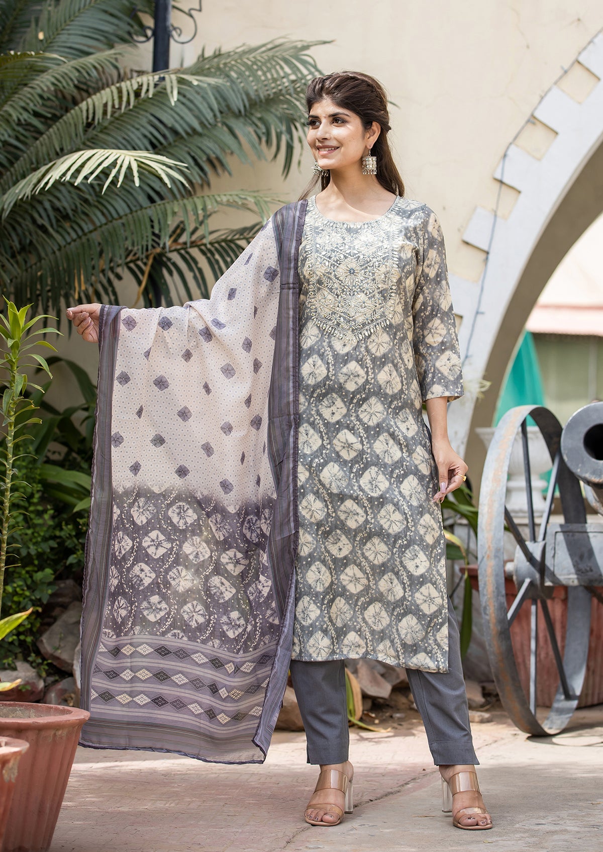 Kaajh Women's Grey Modal Silk Embroidered Suit Set