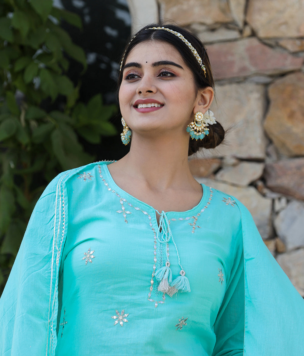 Kaajh Woman's Green Mirror Embellished Cotton Kurta Pant And Dupatta Set