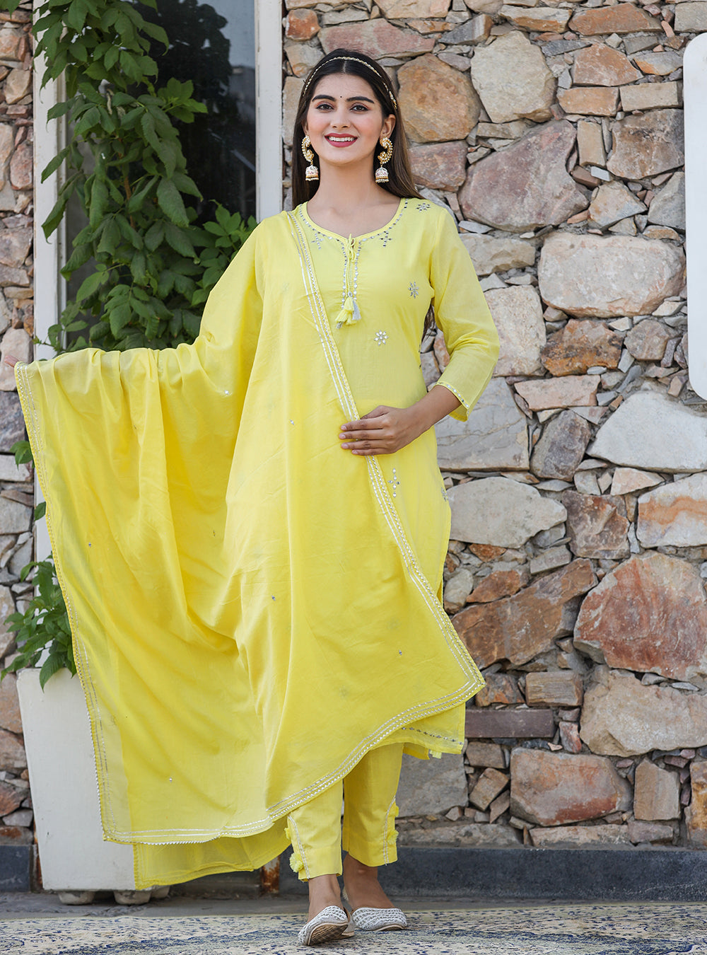 Kaajh Woman's Yellow Mirror Embellished Cotton Kurta Pant And Dupatta Set