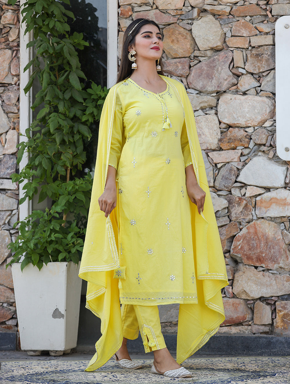 Kaajh Woman's Yellow Mirror Embellished Cotton Kurta Pant And Dupatta Set