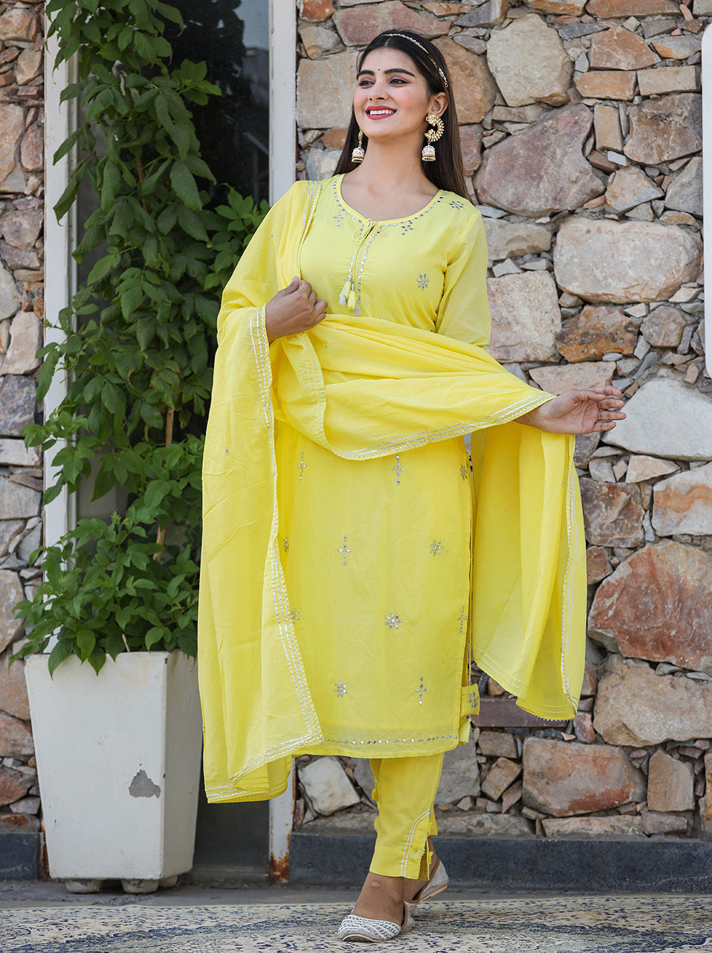 Kaajh Woman's Yellow Mirror Embellished Cotton Kurta Pant And Dupatta Set