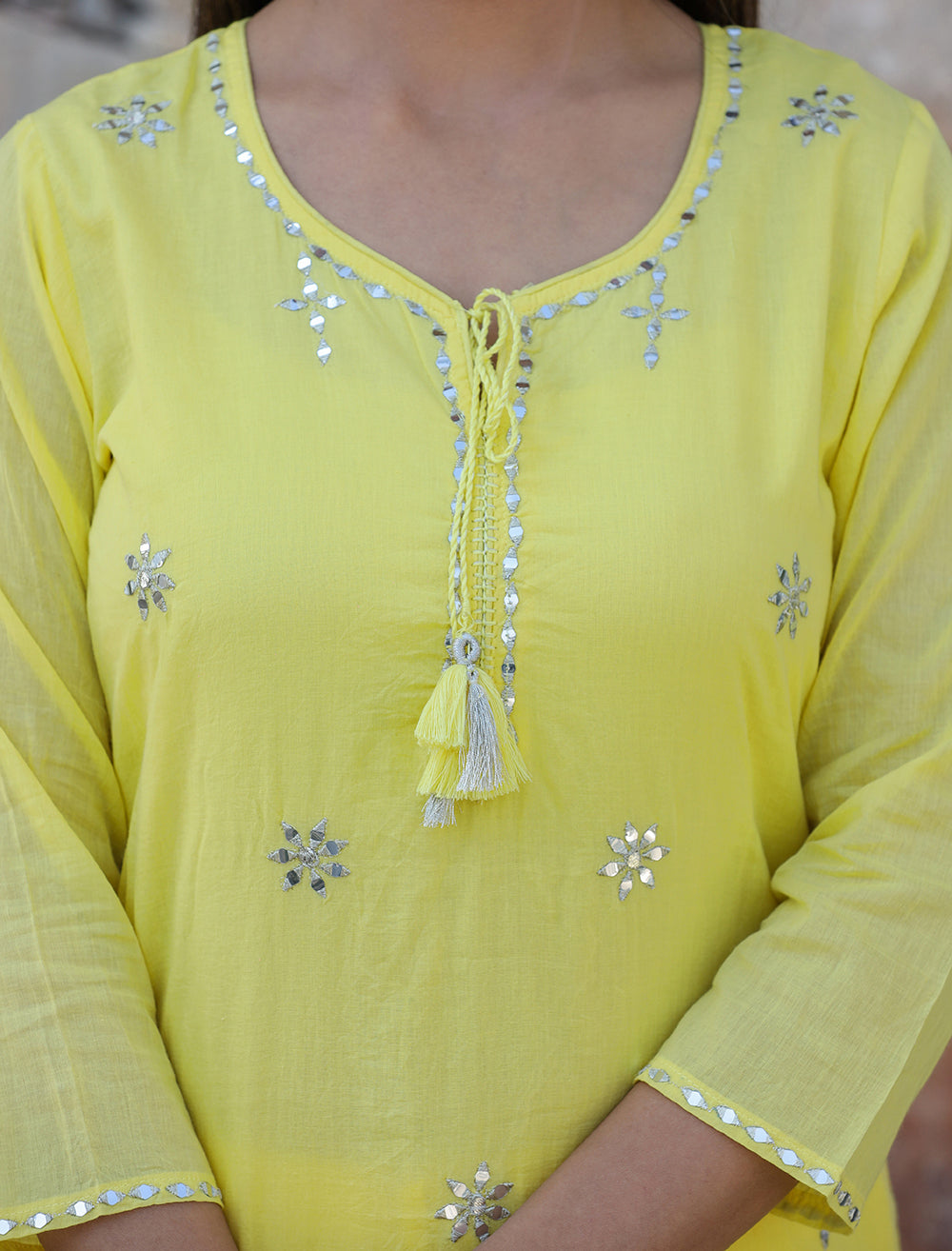 Kaajh Woman's Yellow Mirror Embellished Cotton Kurta Pant And Dupatta Set