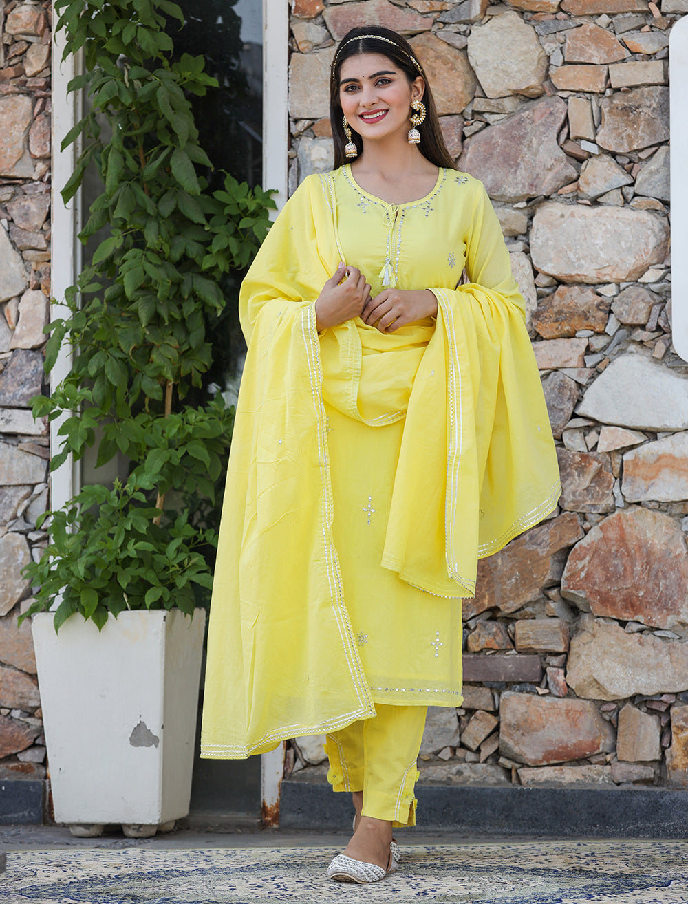 Kaajh Woman's Yellow Mirror Embellished Cotton Kurta Pant And Dupatta Set