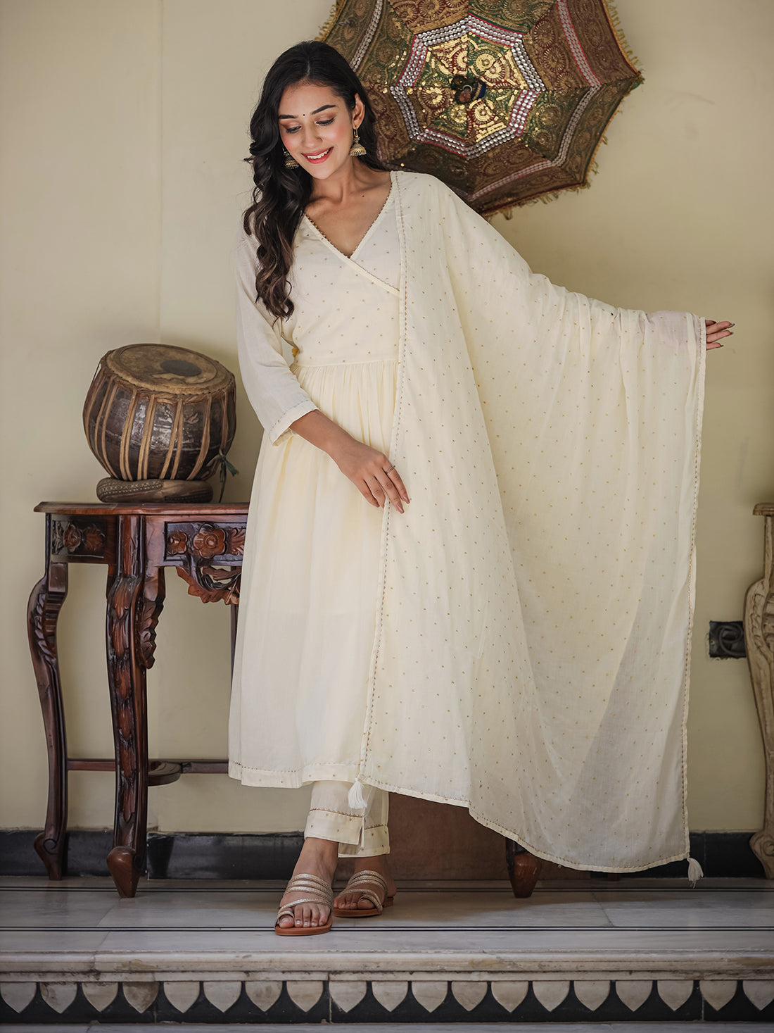 Kaajh Women's Ivory Embroidered Angrakha Kurta Set With Trouser And Dupatta