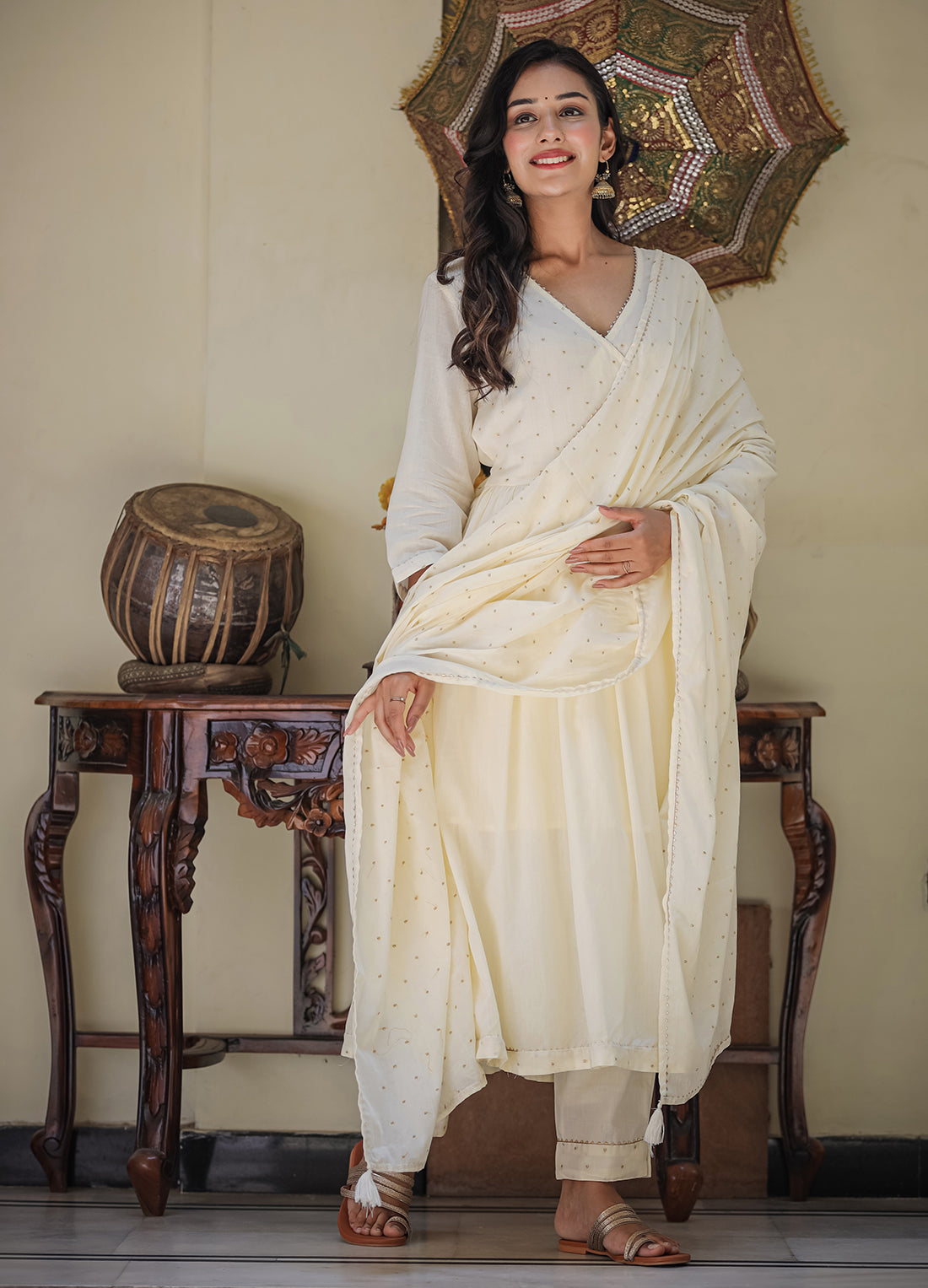 Kaajh Women's Ivory Embroidered Angrakha Kurta Set With Trouser And Dupatta