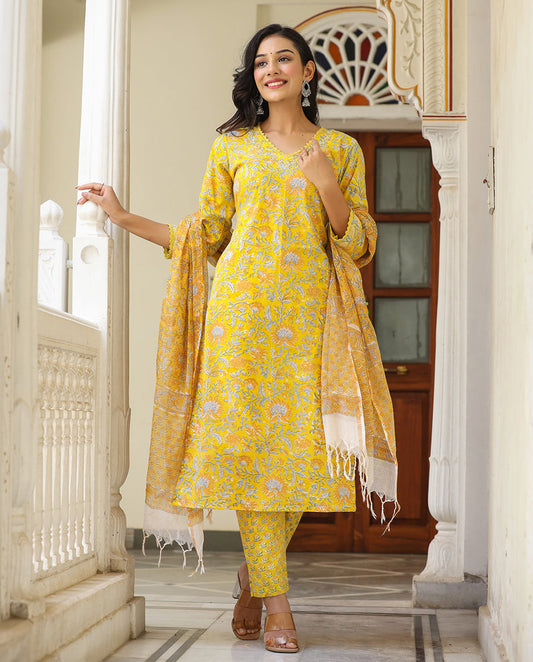 Kaajh Women's Sun Flower Yellow Handblock Cotton Kurta Set With Trouser And Dupatta
