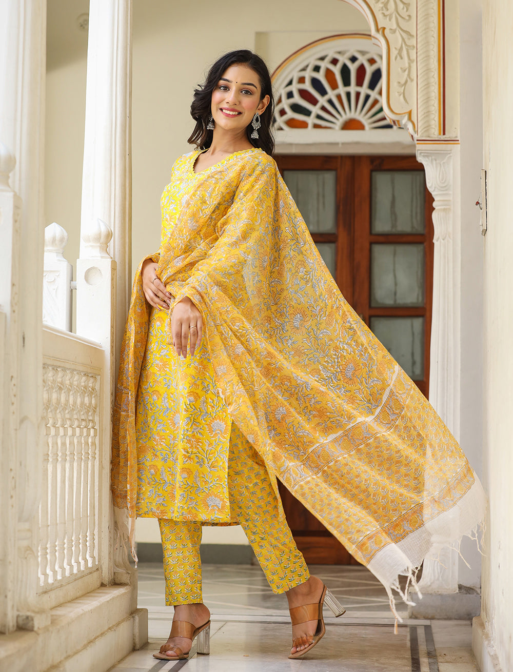 Kaajh Women's Sun Flower Yellow Handblock Cotton Kurta Set With Trouser And Dupatta