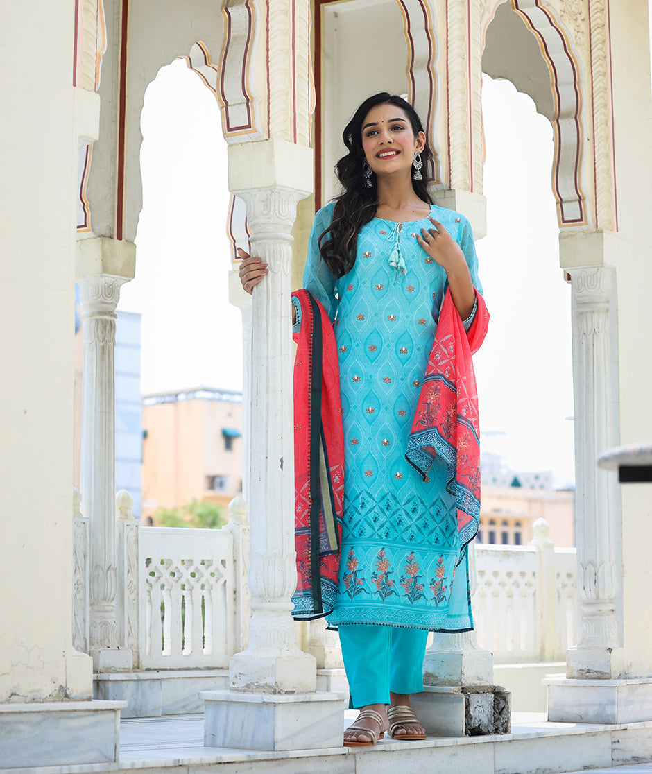 Kaajh Women's Sky Blue Printed Chanderi Kurta Pant Set With Dupatta