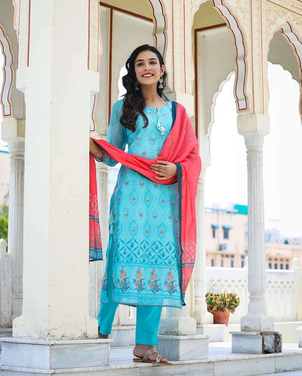 Kaajh Women's Sky Blue Printed Chanderi Kurta Pant Set With Dupatta