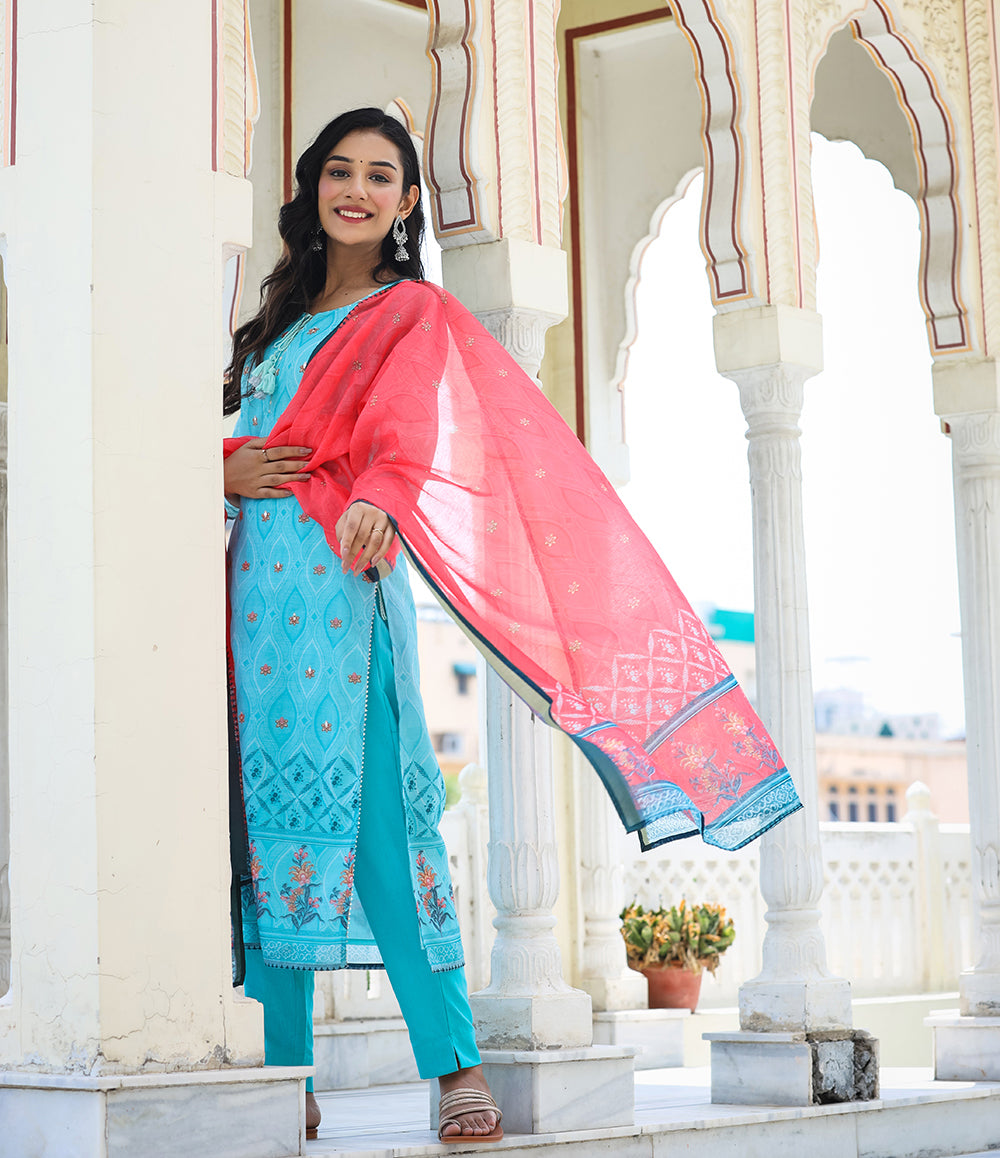 Kaajh Women's Sky Blue Printed Chanderi Kurta Pant Set With Dupatta