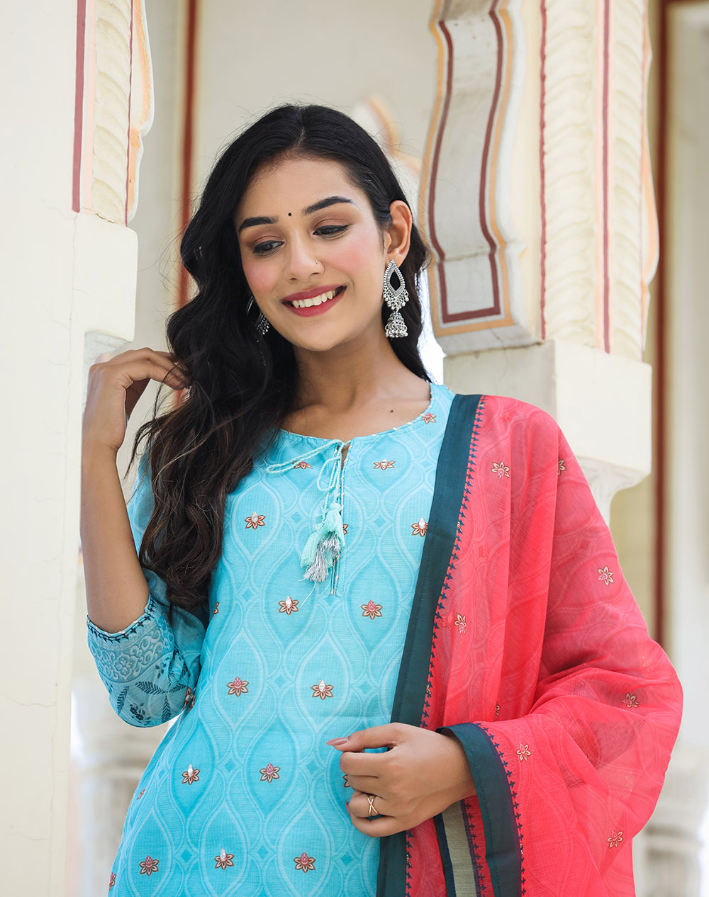 Kaajh Women's Sky Blue Printed Chanderi Kurta Pant Set With Dupatta