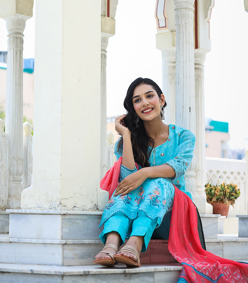 Kaajh Women's Sky Blue Printed Chanderi Kurta Pant Set With Dupatta