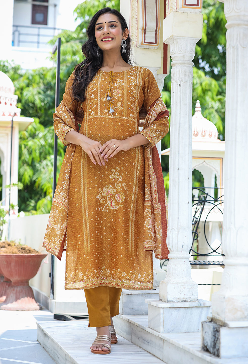 Kaajh Women's Mustard Festive Chanderi Print Kurta Set With Trouser And Dupatta