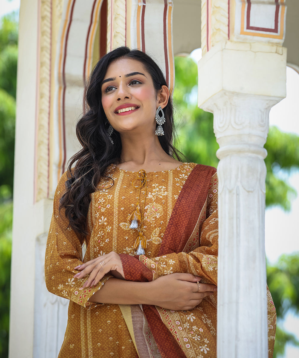 Kaajh Women's Mustard Festive Chanderi Print Kurta Set With Trouser And Dupatta