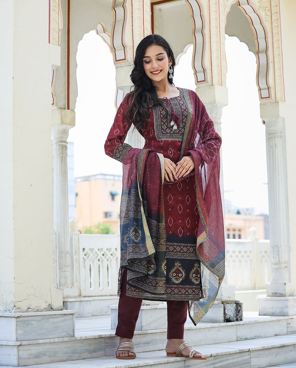 Kaajh Women's Maroon Festive Chanderi Kurta Set With Pant And Dupatta