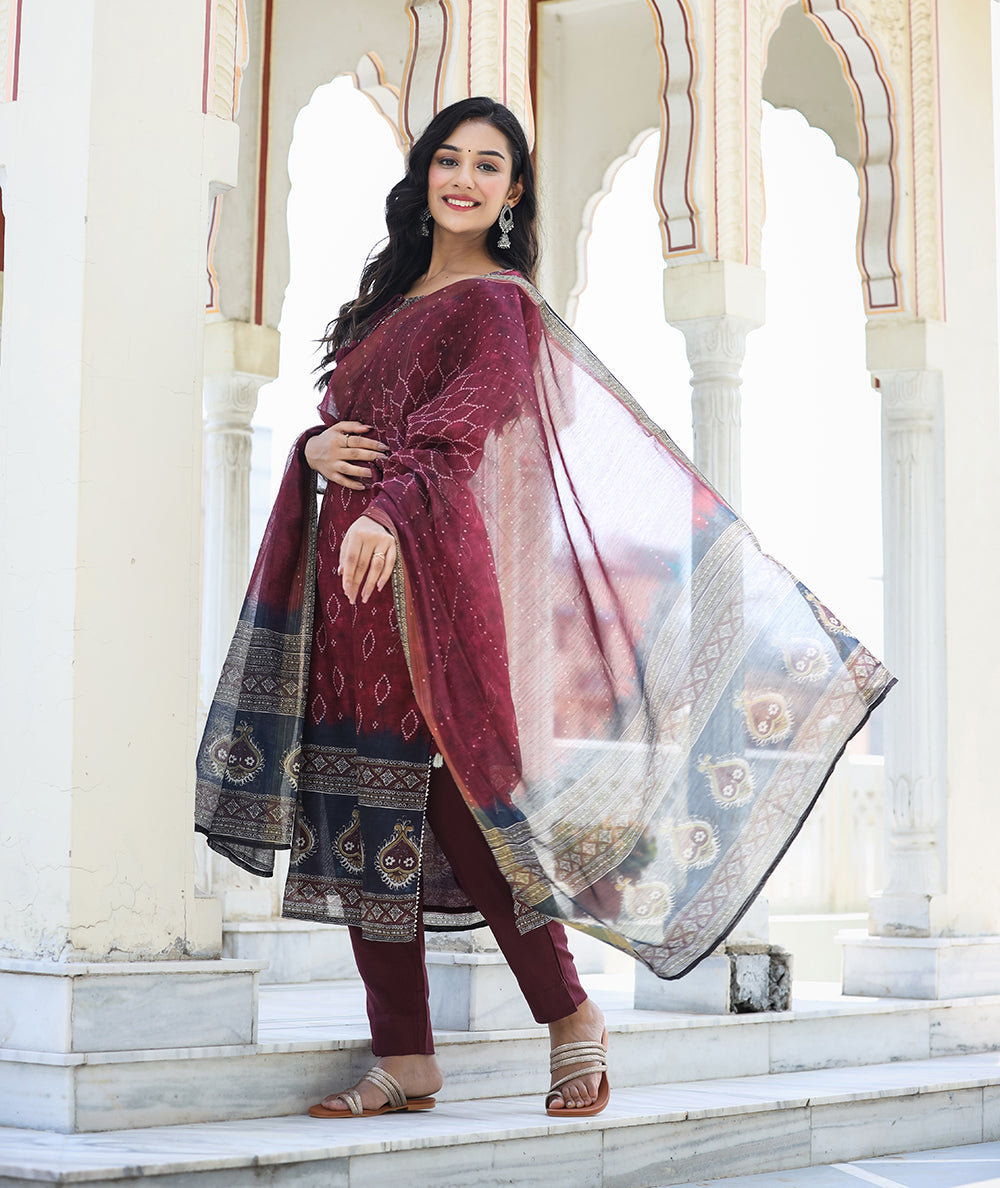 Kaajh Women's Maroon Festive Chanderi Kurta Set With Pant And Dupatta