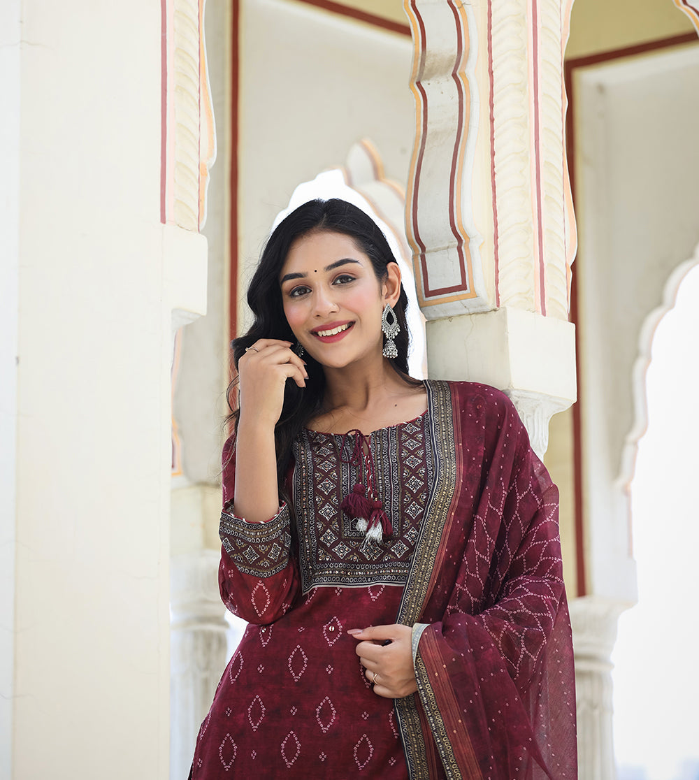 Kaajh Women's Maroon Festive Chanderi Kurta Set With Pant And Dupatta