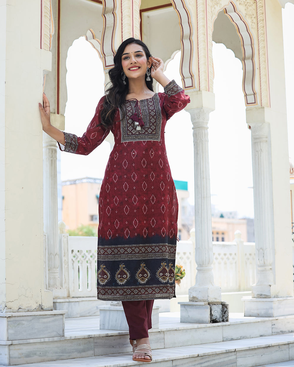 Kaajh Women's Maroon Festive Chanderi Kurta Set With Pant And Dupatta