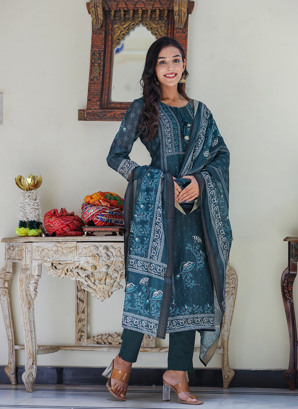 Kaajh Women's Royal Blue Chanderi Kurta Set With Pant And Dupatta