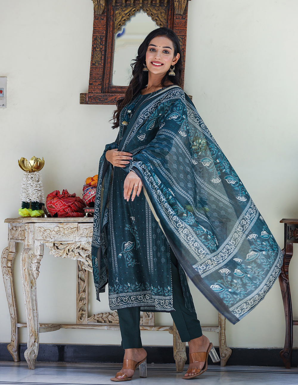 Kaajh Women's Royal Blue Chanderi Kurta Set With Pant And Dupatta