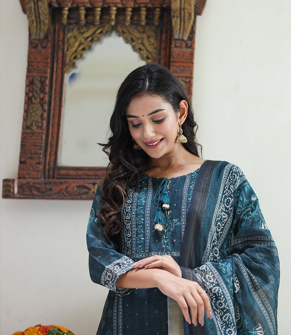 Kaajh Women's Royal Blue Chanderi Kurta Set With Pant And Dupatta