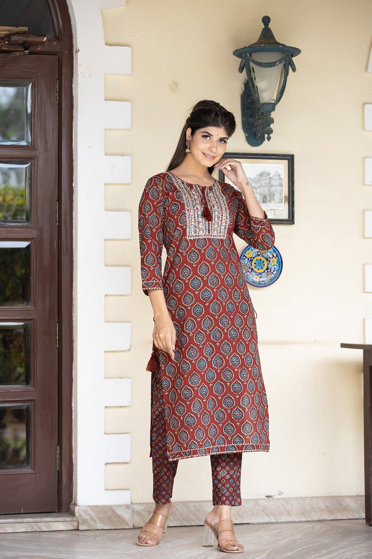 Kaajh Women's Red Ajrak Print Cotton Kurta Pant Set