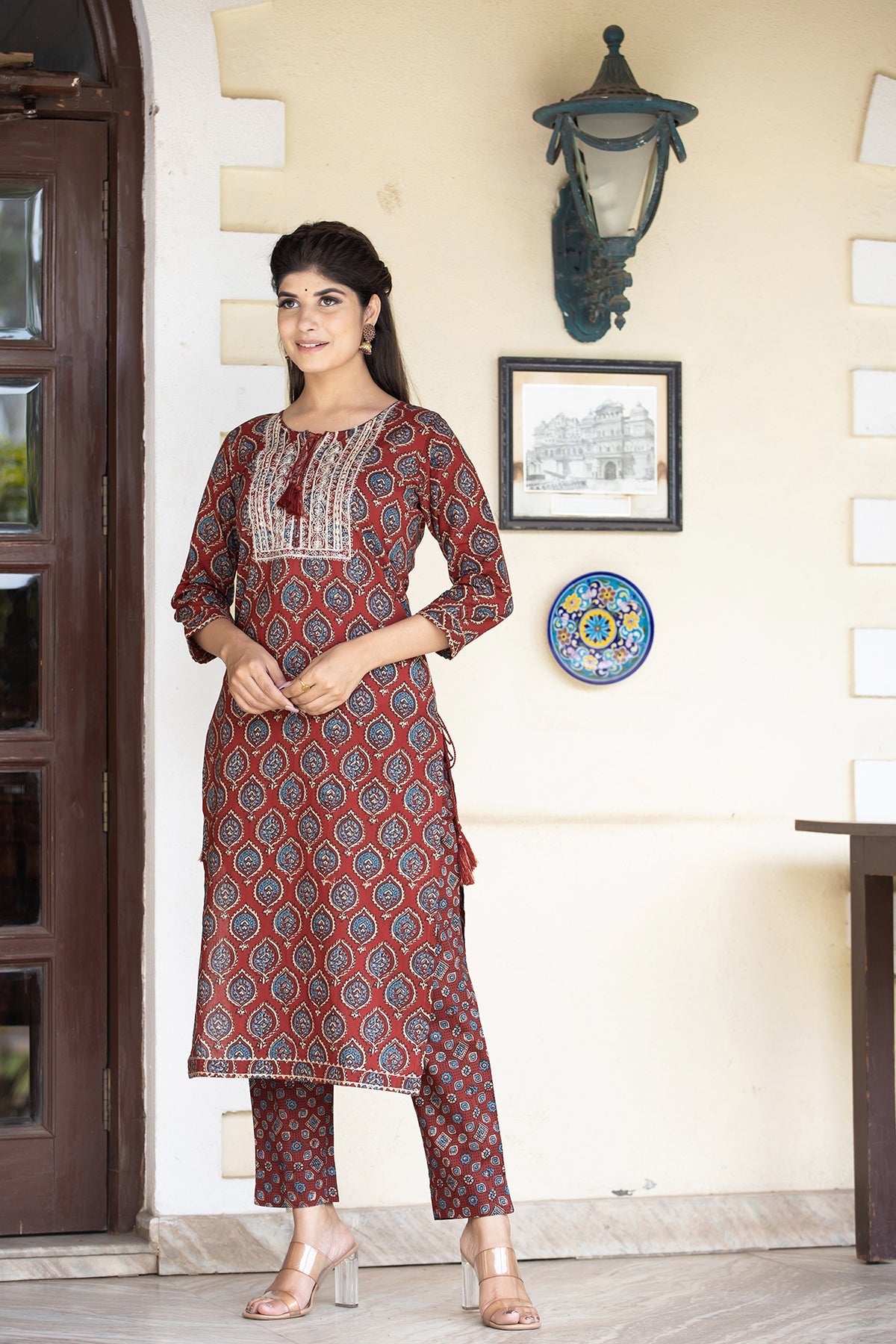 Kaajh Women's Red Ajrak Print Cotton Kurta Pant Set