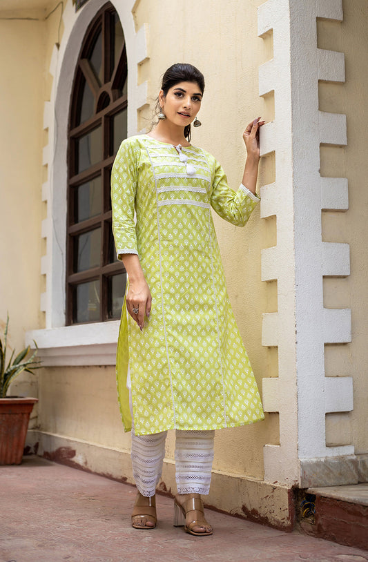 Kaajh Women's Green Pastel Printed Cotton Casual Kurta