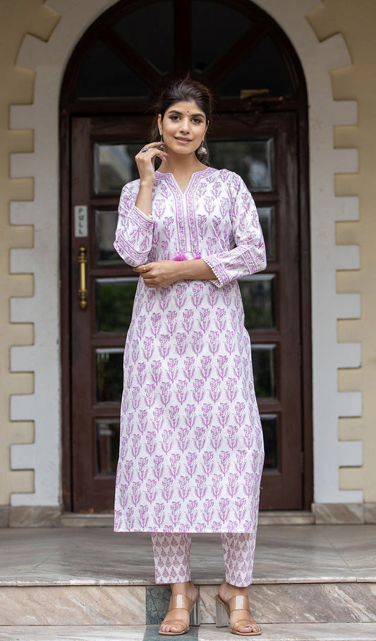 Kaajh Women's White Purple Ethnic Printed Cotton Kurta Pant Set