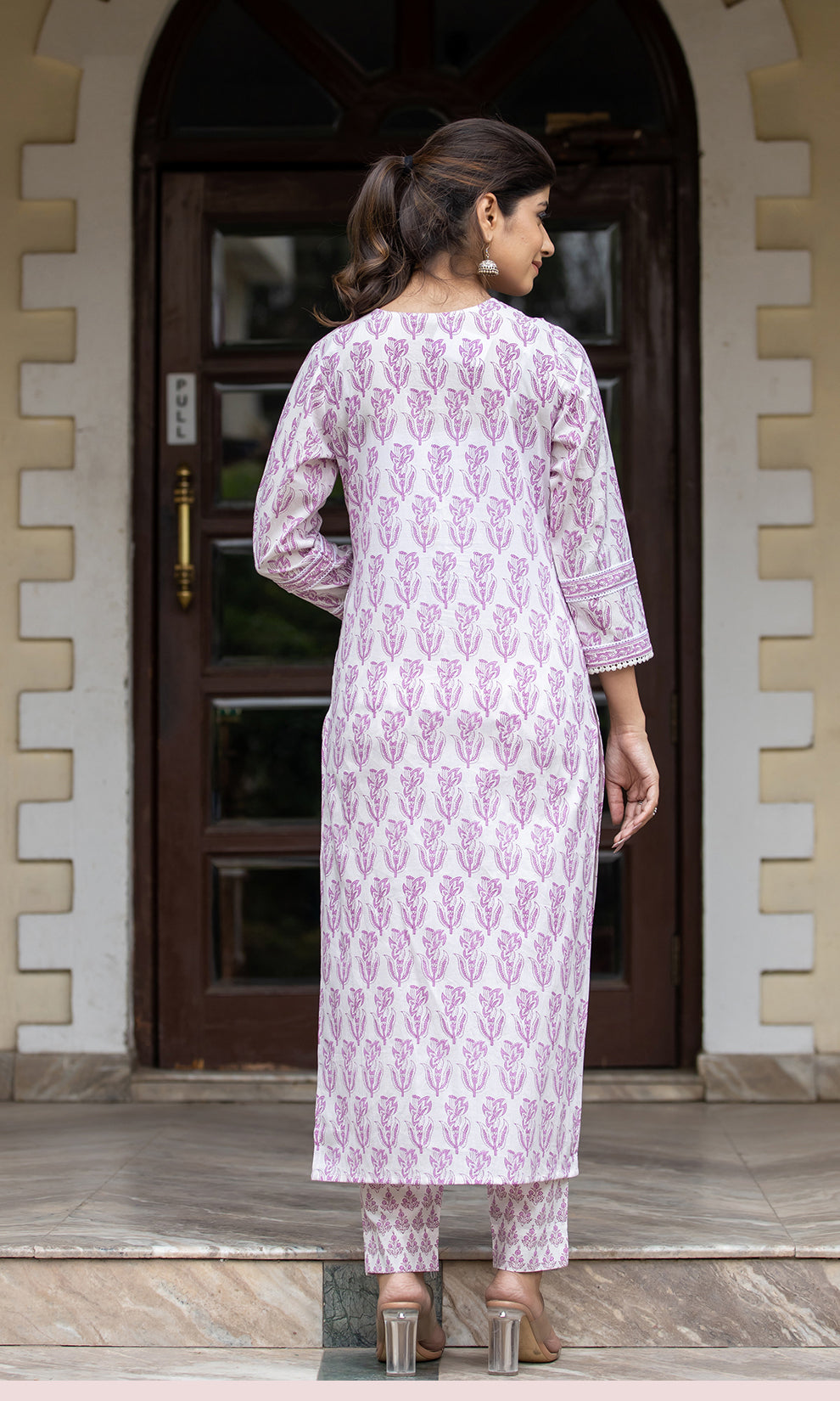 Kaajh Women's White Purple Ethnic Printed Cotton Kurta Pant Set