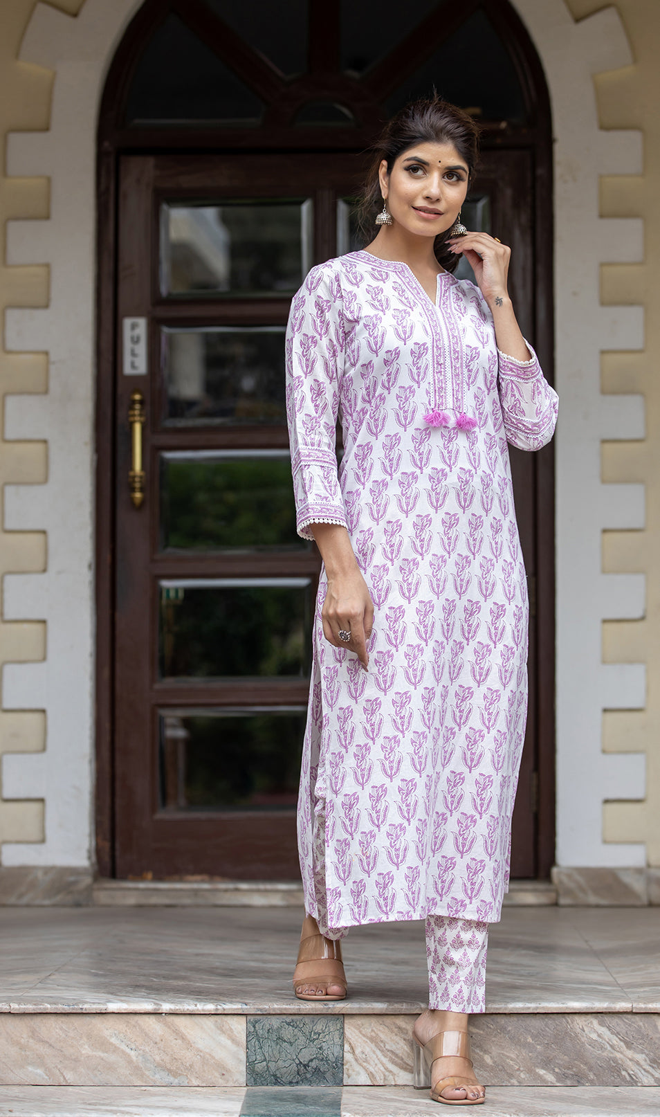Kaajh Women's White Purple Ethnic Printed Cotton Kurta Pant Set