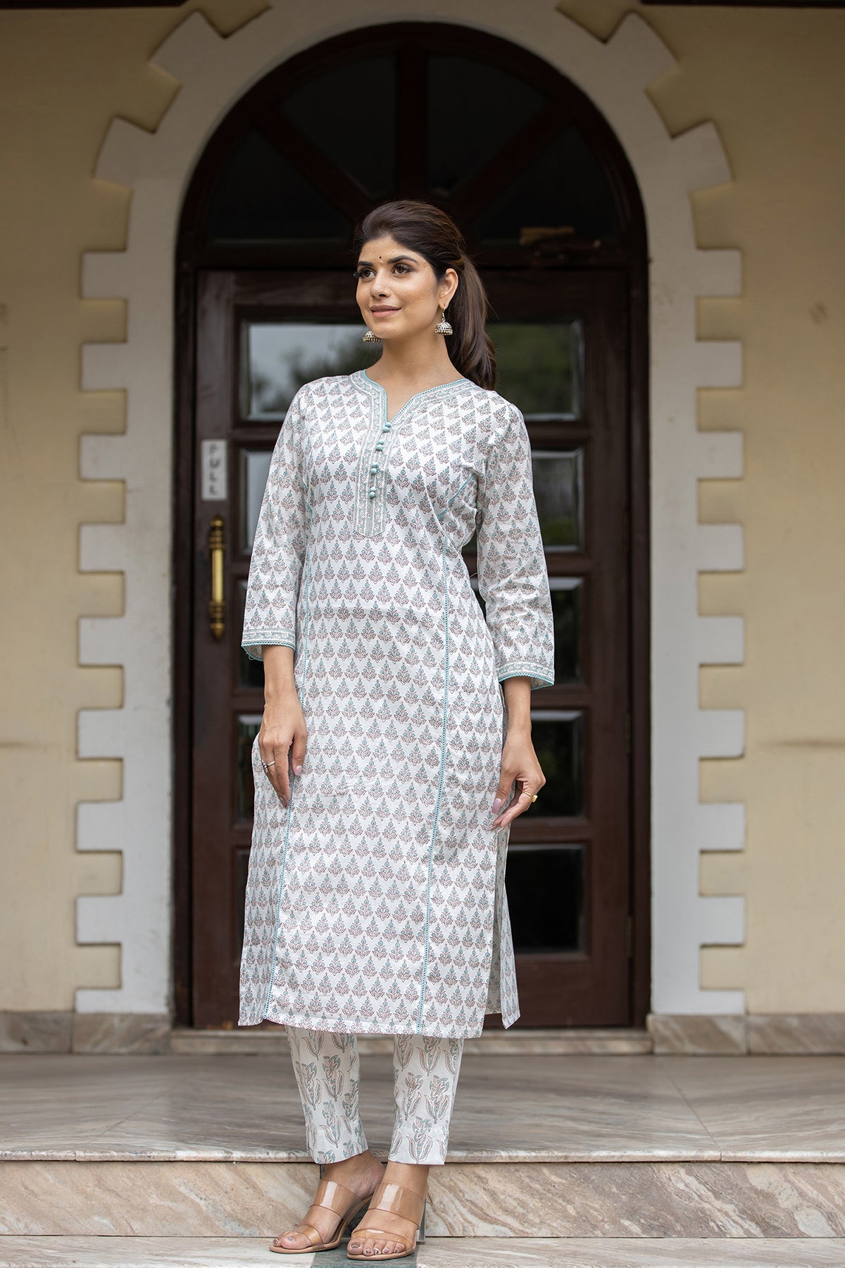 Kaajh Women's White Sea Green Printed Cotton Casual Kurta Pant Set